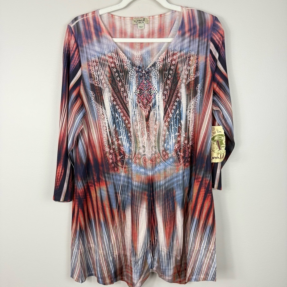 One World Top Womens Large Boho Hippie Multicolor V-Neck Shirt Blouse Tan Brown
